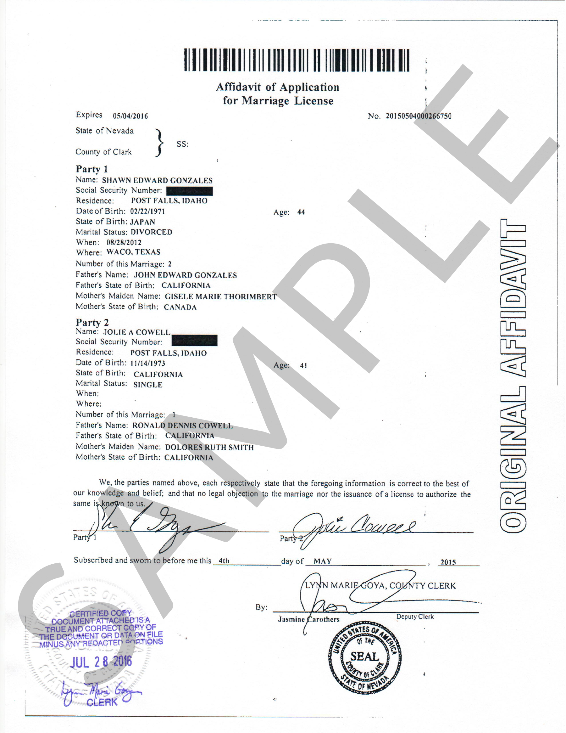 Sample Certificates | Nevada Document Retrieval Service
